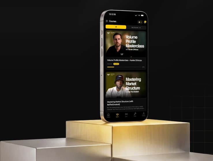 The Wayond Plus app on a phone, standing on a gold podium